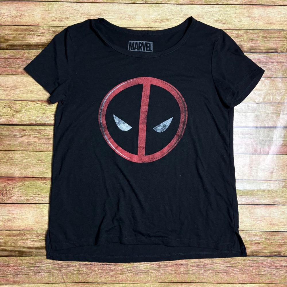 Marvel Deadpool Distressed Logo Graphic Tee Black Women's Size Small
